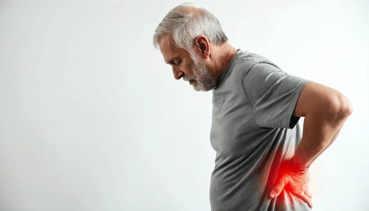 A middle-aged man holding his back in pain.